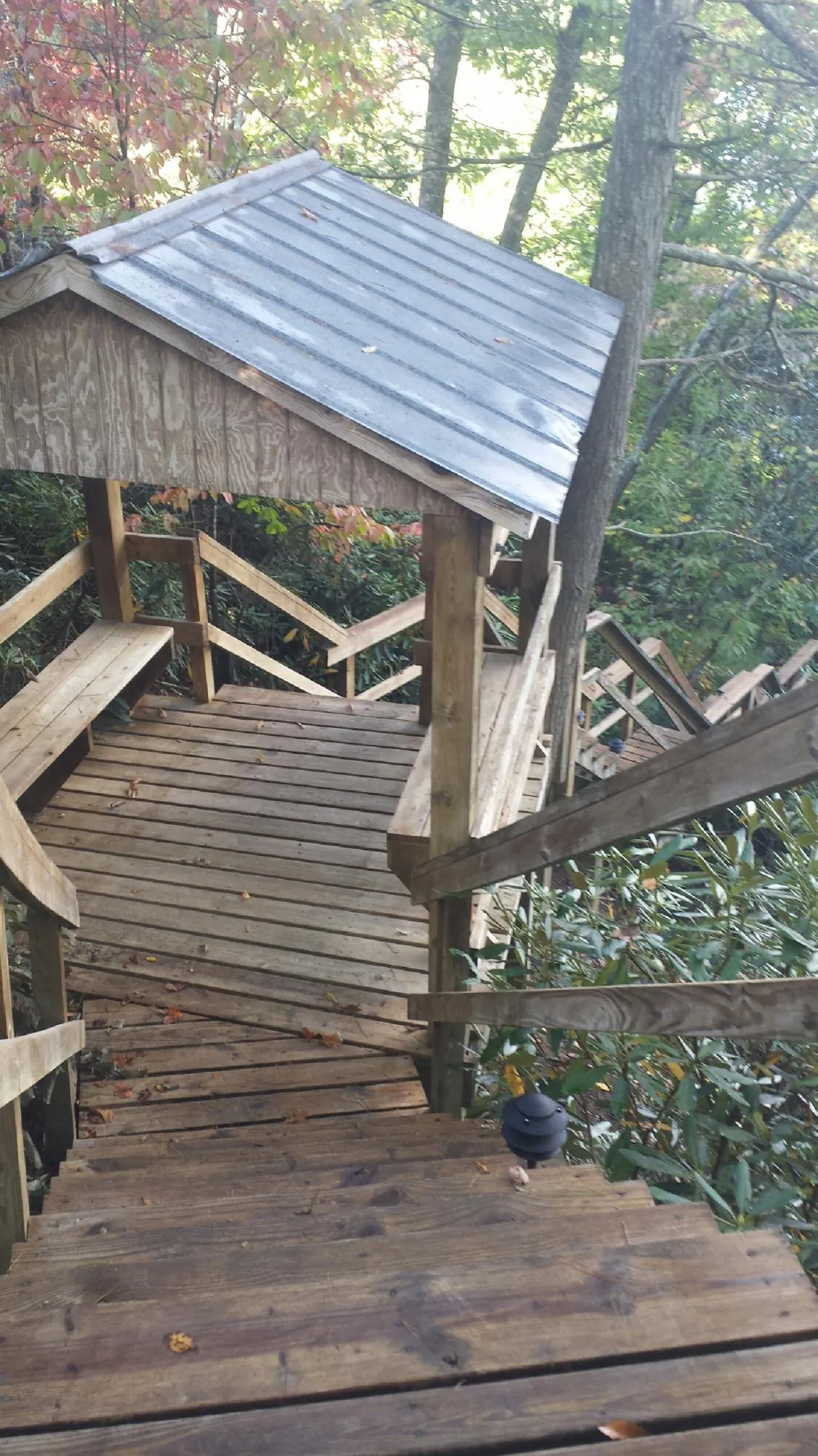 Metal roofed shelter over wooden steps on a wooded walkway — Skylight Repair & Installation work by our crew in Picayune